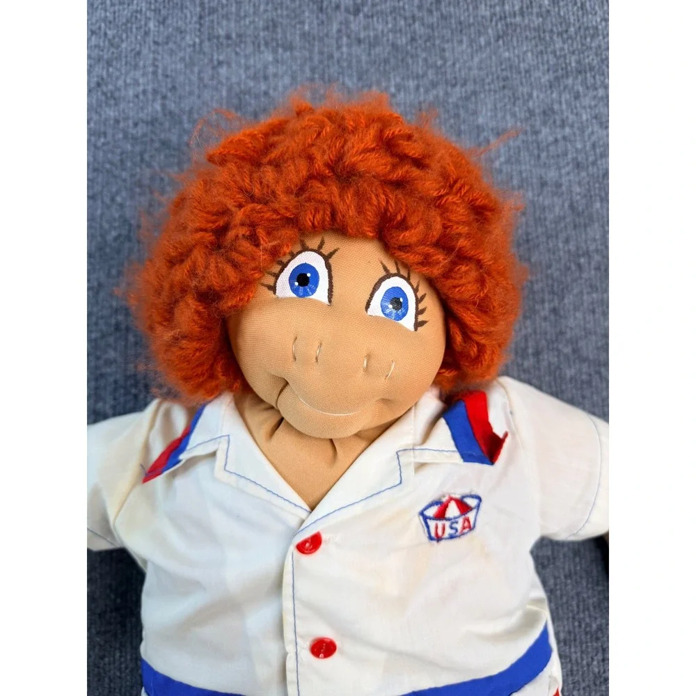 Vintage Handmade Soft Sculpture Cloth Doll Red Yarn Hair USA Shirt 21